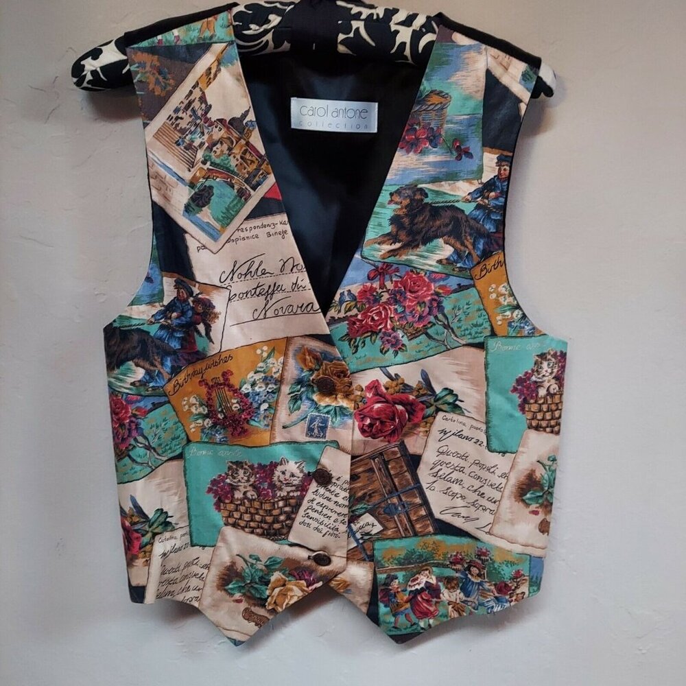 Carol Antone Collection Womens V-Neck Postcards Floral Waistcoat Vest Large